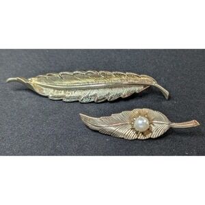 Vintage Gold Tone Feather Brooch Set – One‎ with Faux Pearl – Elegant Pin Lot